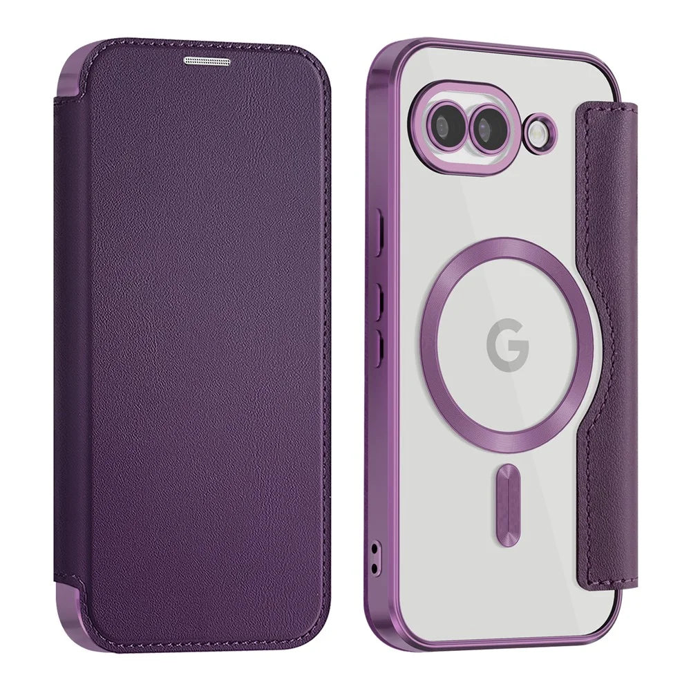 For Google Pixel 10a Magnetic Case RFID Blocking Card Holder Leather Phone Cover with Lens Film - Dark Purple - 1