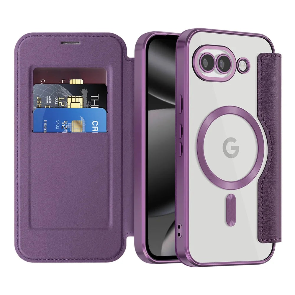 For Google Pixel 10a Magnetic Case RFID Blocking Card Holder Leather Phone Cover with Lens Film - Dark Purple - 2