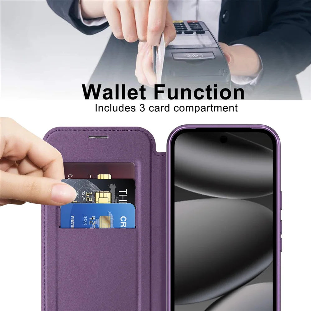 For Google Pixel 10a Magnetic Case RFID Blocking Card Holder Leather Phone Cover with Lens Film - Dark Purple - 3