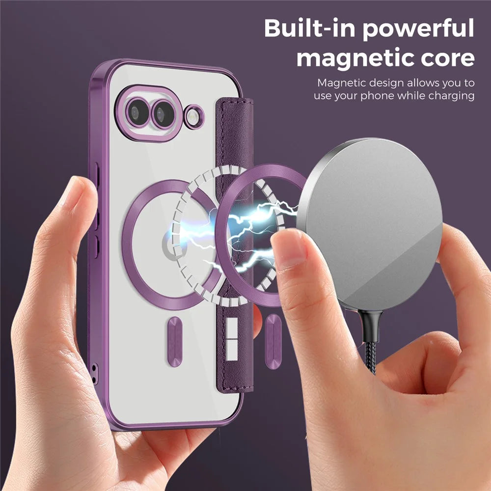 For Google Pixel 10a Magnetic Case RFID Blocking Card Holder Leather Phone Cover with Lens Film - Dark Purple - 4