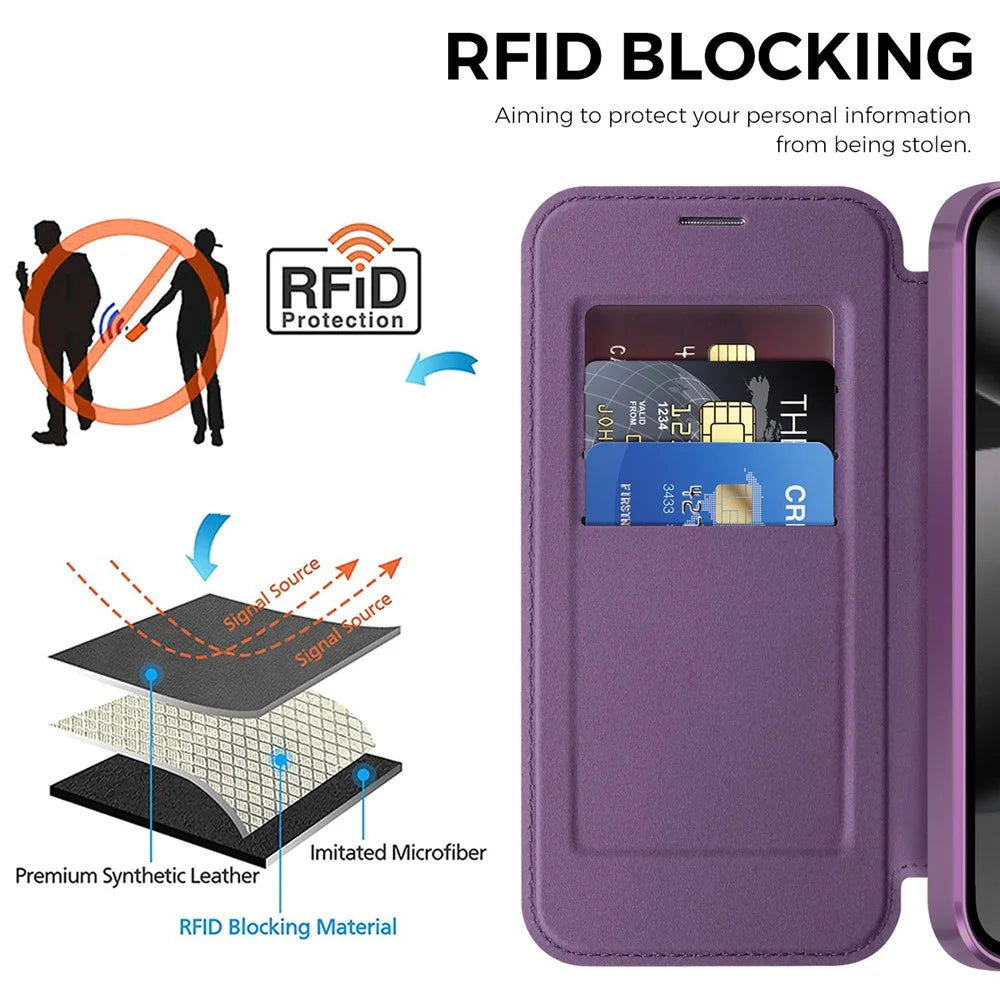 For Google Pixel 10a Magnetic Case RFID Blocking Card Holder Leather Phone Cover with Lens Film - Dark Purple - 5