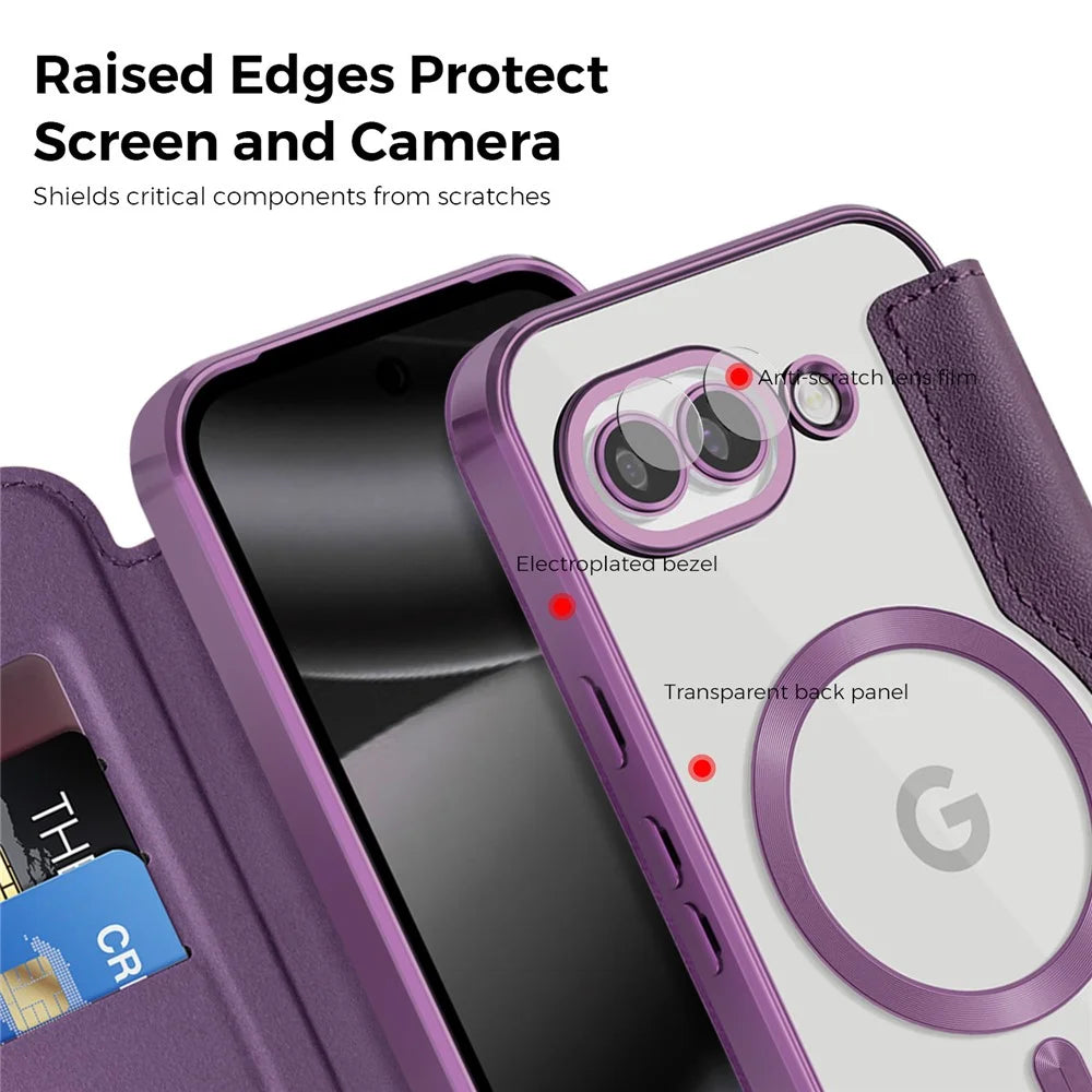For Google Pixel 10a Magnetic Case RFID Blocking Card Holder Leather Phone Cover with Lens Film - Dark Purple - 7