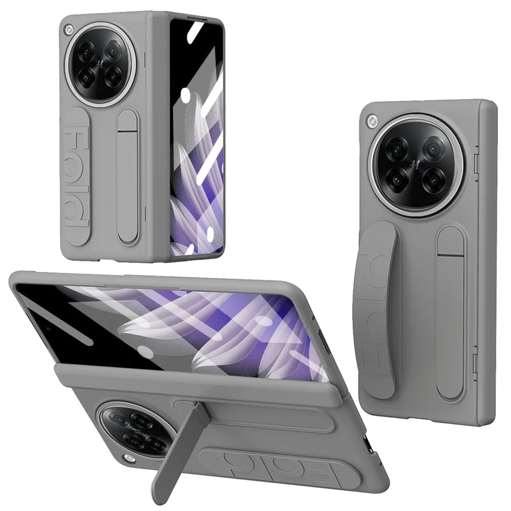 For Oppo Find N6 5G Case Kickstand Wristband PC Phone Cover with Tempered Glass Film - Grey - 1