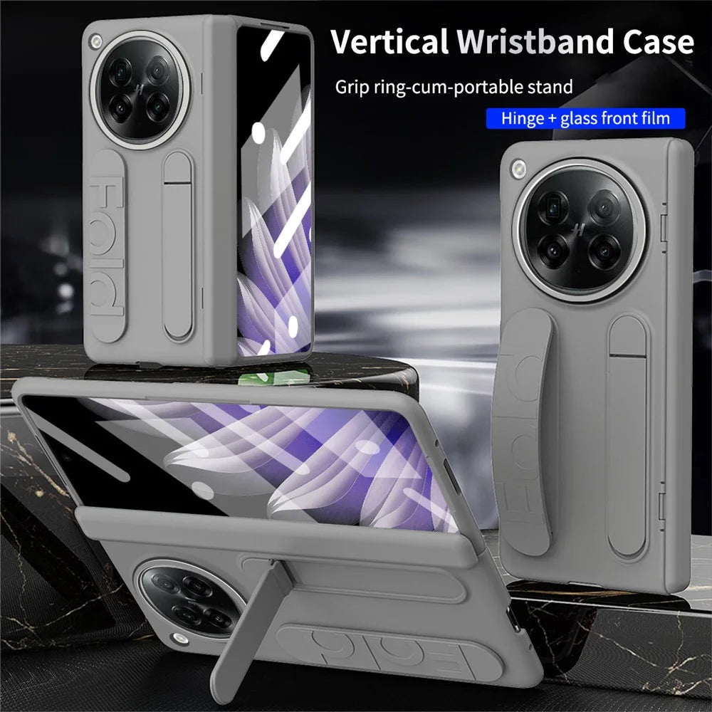 For Oppo Find N6 5G Case Kickstand Wristband PC Phone Cover with Tempered Glass Film - Grey - 5