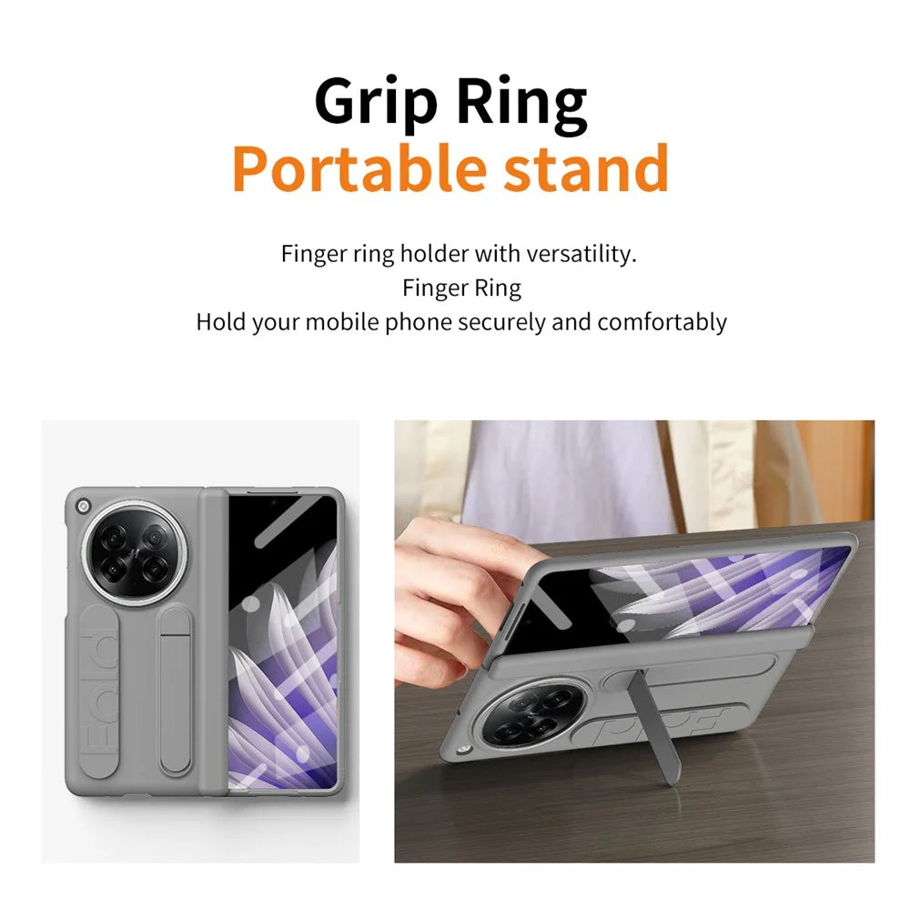 For Oppo Find N6 5G Case Kickstand Wristband PC Phone Cover with Tempered Glass Film - Grey - 7
