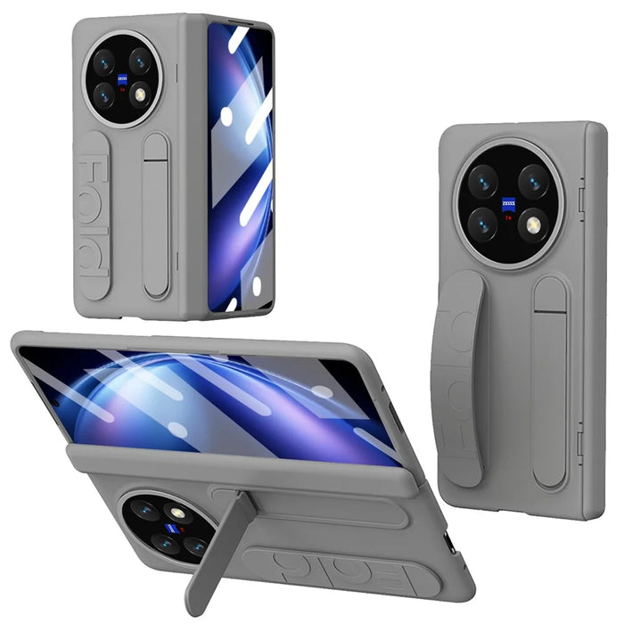 For vivo X Fold6 5G Case Kickstand Wristband PC Phone Cover with Tempered Glass Film - Grey - 1