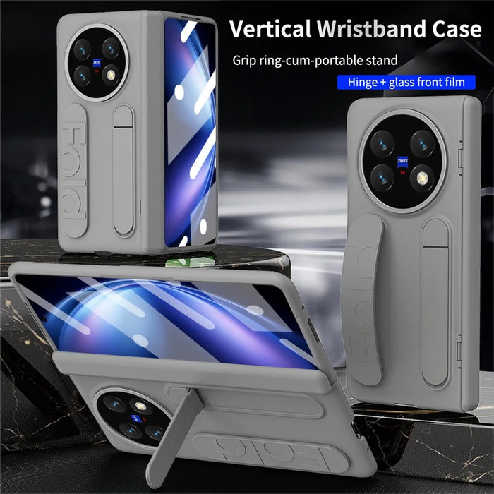 For vivo X Fold6 5G Case Kickstand Wristband PC Phone Cover with Tempered Glass Film - Grey - 5