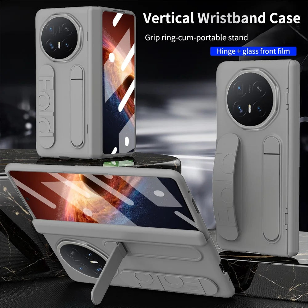 For Honor Magic V6 5G Case Kickstand Wristband PC Phone Cover with Tempered Glass Film - Grey - 5