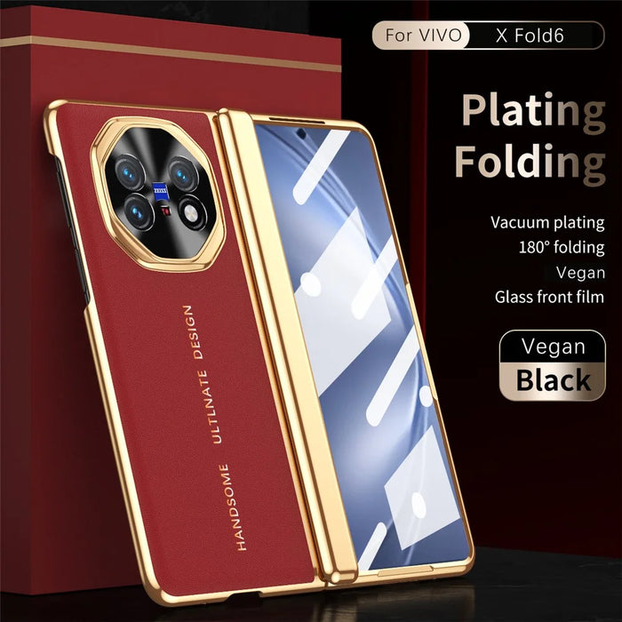 For vivo X Fold6 5G Case PU Leather + PC Electroplating Phone Cover with Tempered Glass Screen Film - Red - 4
