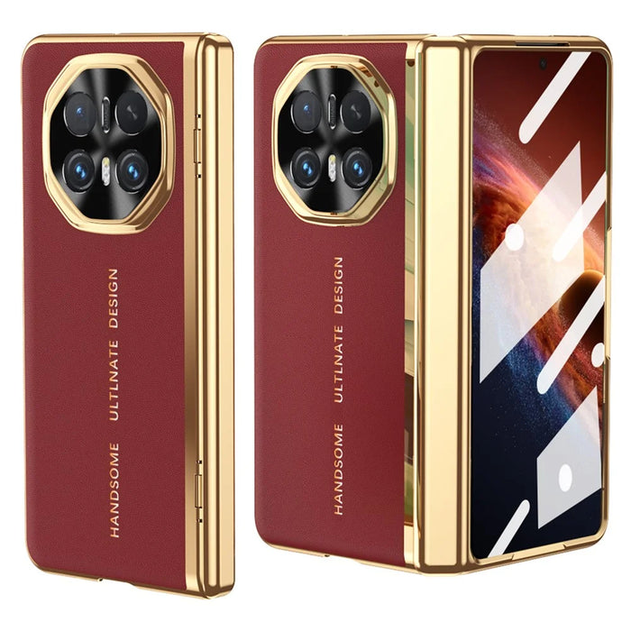 For Honor Magic V6 5G Case PU Leather + PC Electroplating Phone Cover with Tempered Glass Screen Film - Red - 1