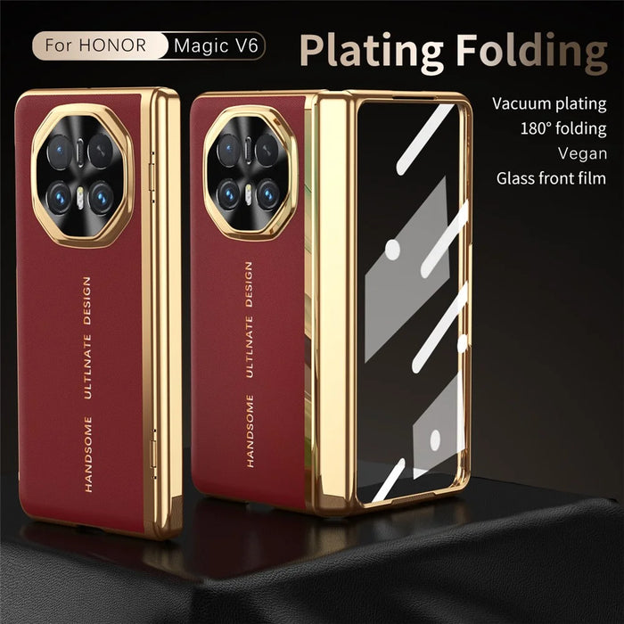 For Honor Magic V6 5G Case PU Leather + PC Electroplating Phone Cover with Tempered Glass Screen Film - Red - 3