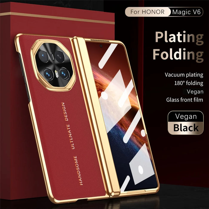 For Honor Magic V6 5G Case PU Leather + PC Electroplating Phone Cover with Tempered Glass Screen Film - Red - 4