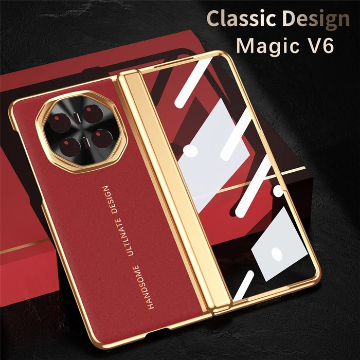 For Honor Magic V6 5G Case PU Leather + PC Electroplating Phone Cover with Tempered Glass Screen Film - Red - 5