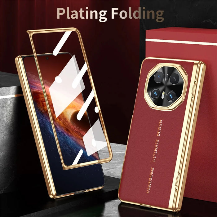 For Honor Magic V6 5G Case PU Leather + PC Electroplating Phone Cover with Tempered Glass Screen Film - Red - 6
