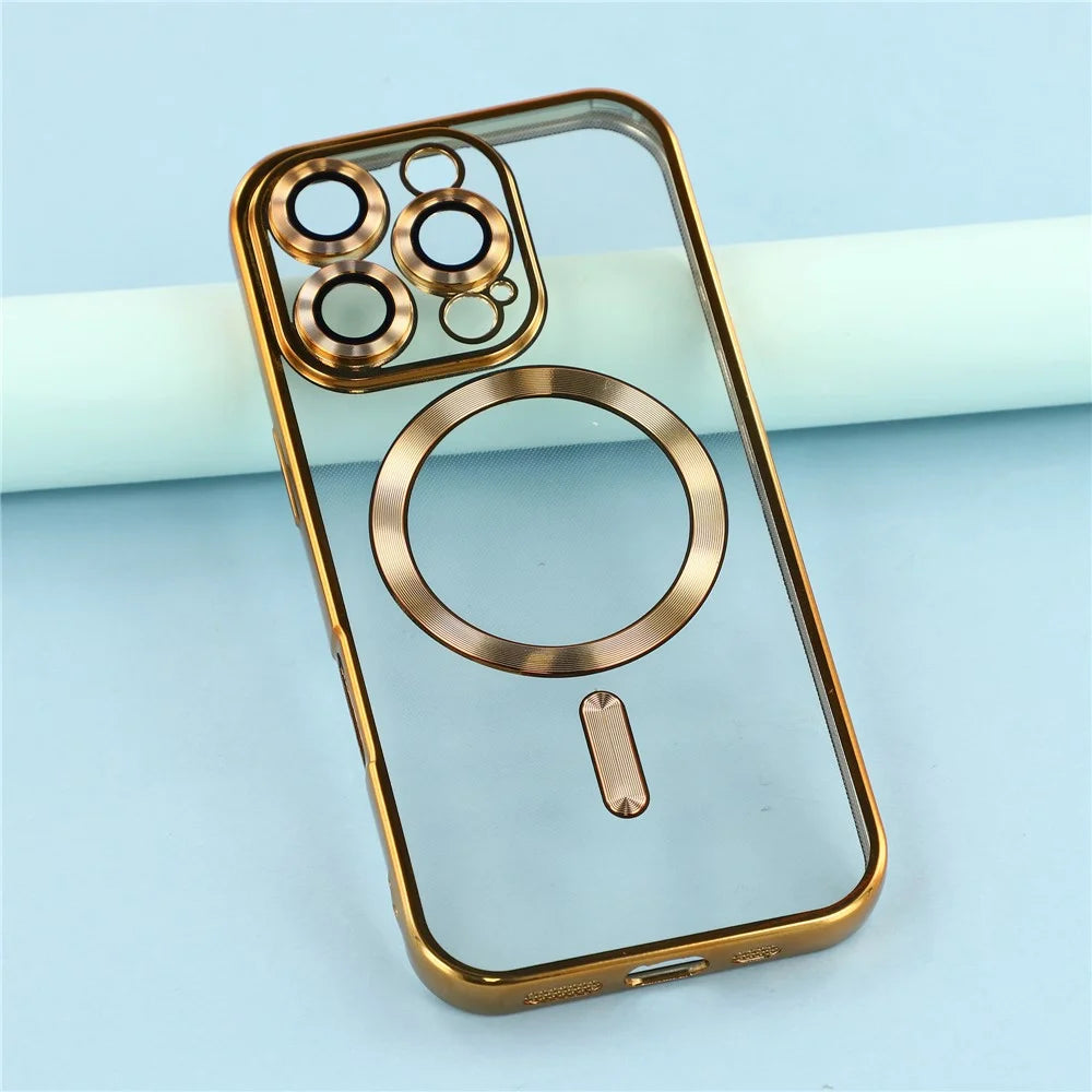 For iPhone 16 Pro Magnetic Case Electroplated TPU Phone Cover with Lens Film - Gold - 6