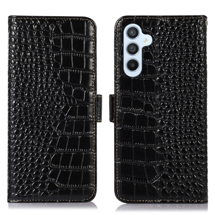 For Samsung Galaxy A54 5G Crocodile Texture Phone Case Genuine Cowhide Leather Wallet Stand RFID Blocking Anti-drop Cover - Black - 1