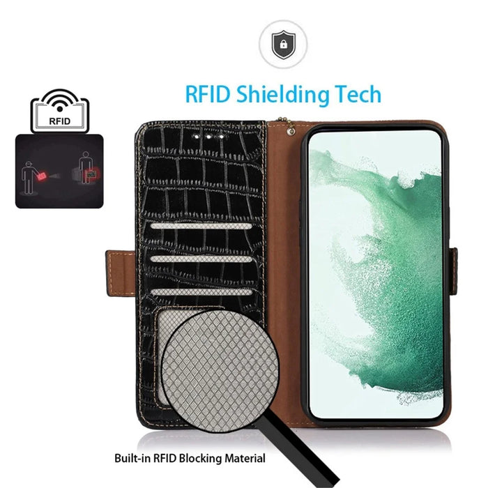 For Samsung Galaxy A54 5G Crocodile Texture Phone Case Genuine Cowhide Leather Wallet Stand RFID Blocking Anti-drop Cover - Black - 4