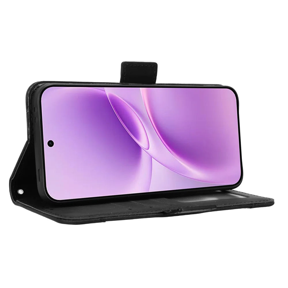 For vivo V70 FE 5G Leather Case Phone Wallet Cover with Multiple Card Slots - Black - 6