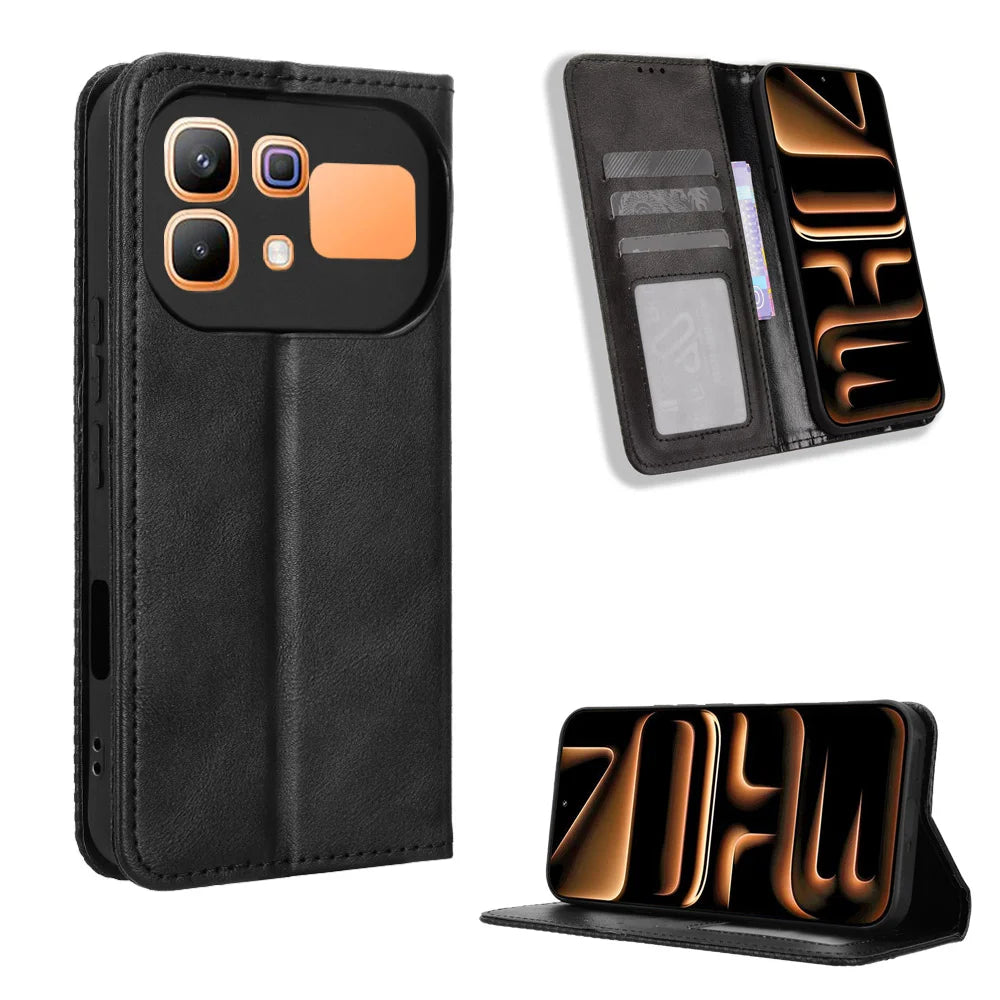 For Infinix Note 60 5G / Infinix Note 60 Pro 5G Leather Case Wallet Stand Retro Texture Phone Cover - Black - 1