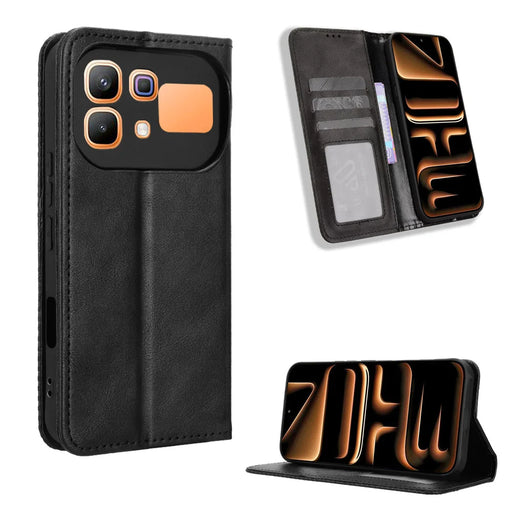 For Infinix Note 60 5G / Infinix Note 60 Pro 5G Leather Case Wallet Stand Retro Texture Phone Cover - Black - 1