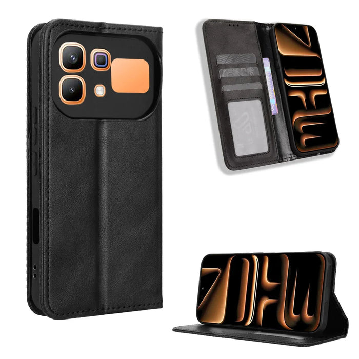 For Infinix Note 60 5G / Infinix Note 60 Pro 5G Leather Case Wallet Stand Retro Texture Phone Cover - Black - 1