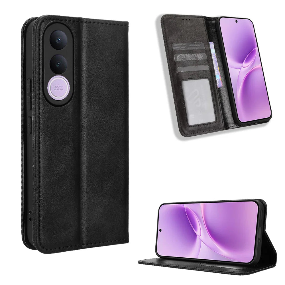 For vivo V70 FE 5G Leather Case Wallet Stand Retro Texture Phone Cover - Black - 1