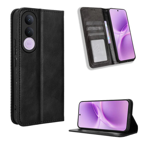 For vivo V70 FE 5G Leather Case Wallet Stand Retro Texture Phone Cover - Black - 1
