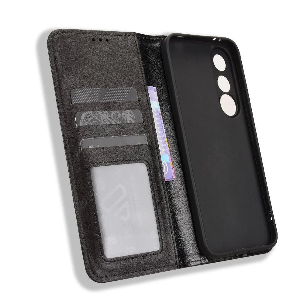 For vivo V70 FE 5G Leather Case Wallet Stand Retro Texture Phone Cover - Black - 5