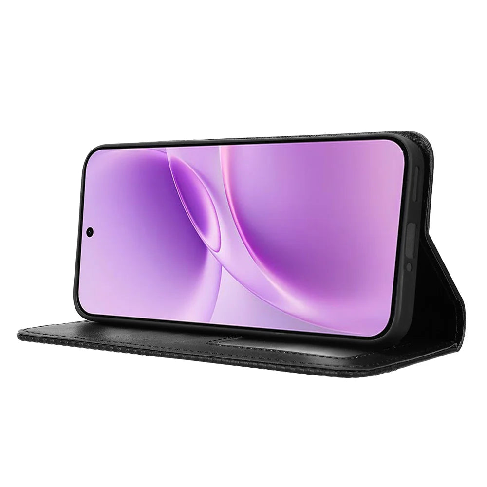 For vivo V70 FE 5G Leather Case Wallet Stand Retro Texture Phone Cover - Black - 7