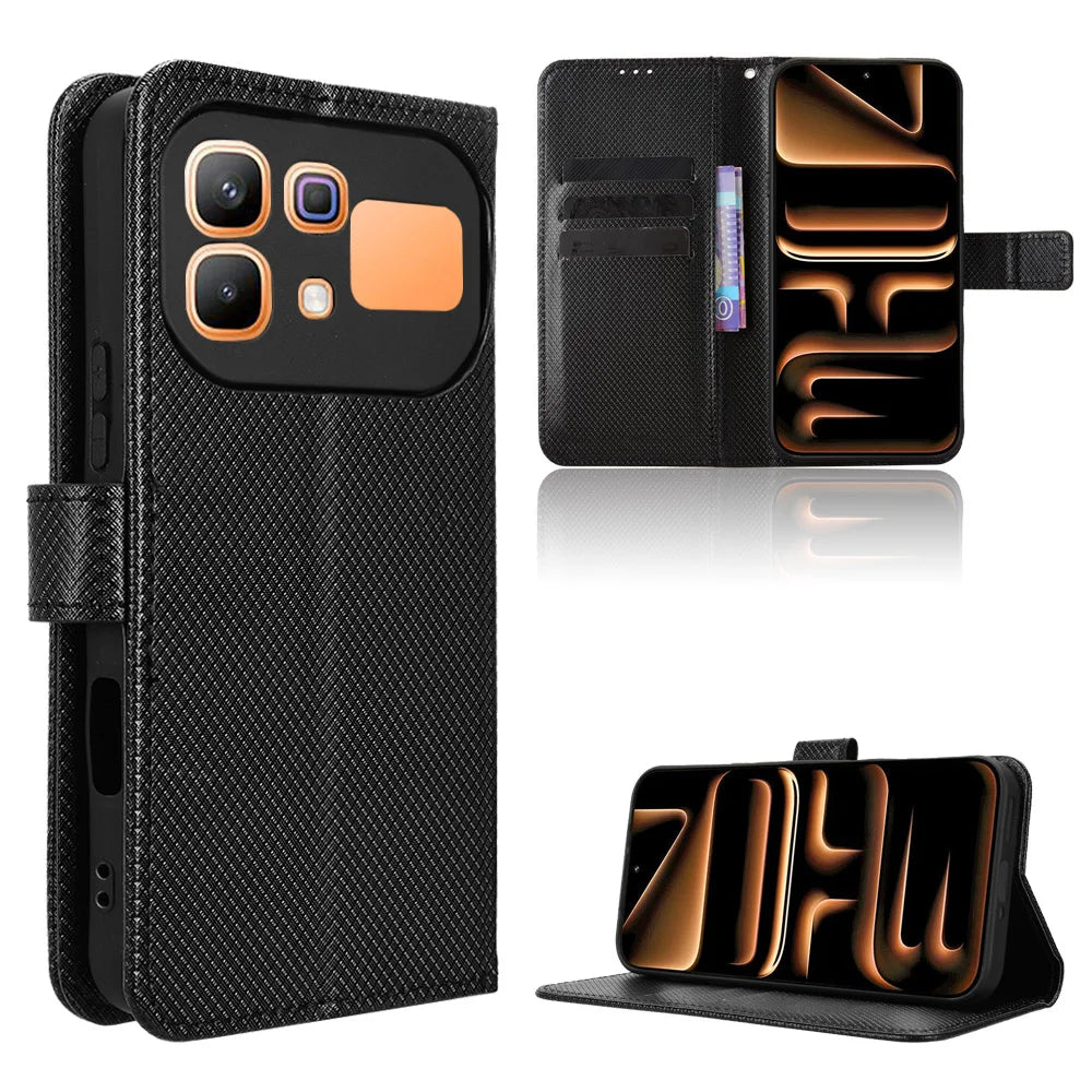 For Infinix Note 60 Pro 5G / Infinix Note 60 5G Leather Wallet Case with Strap Diamond Texture Phone Cover - Black - 1