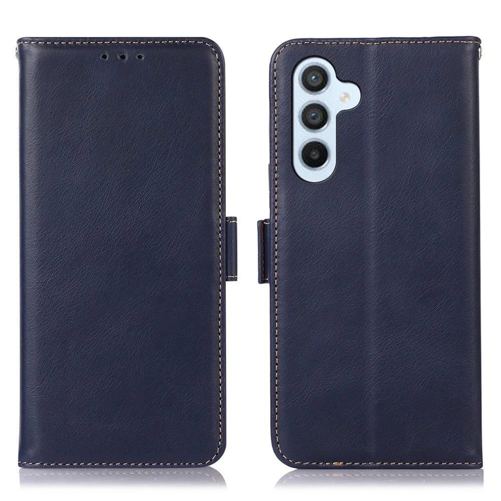 For Samsung Galaxy A54 5G RFID Blocking Genuine Cowhide Leather Case Crazy Horse Texture Wallet Stand Magnetic Phone Cover - Blue - 1