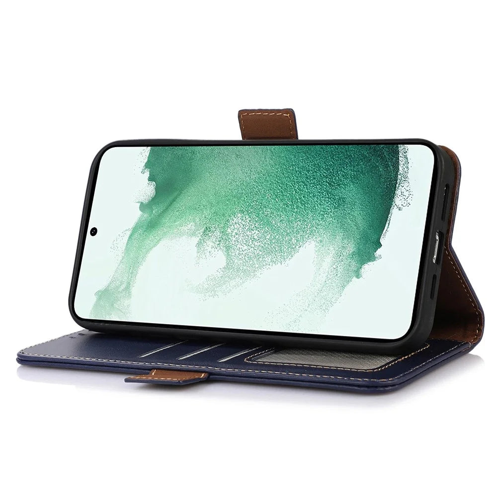 For Samsung Galaxy A54 5G RFID Blocking Genuine Cowhide Leather Case Crazy Horse Texture Wallet Stand Magnetic Phone Cover - Blue - 3