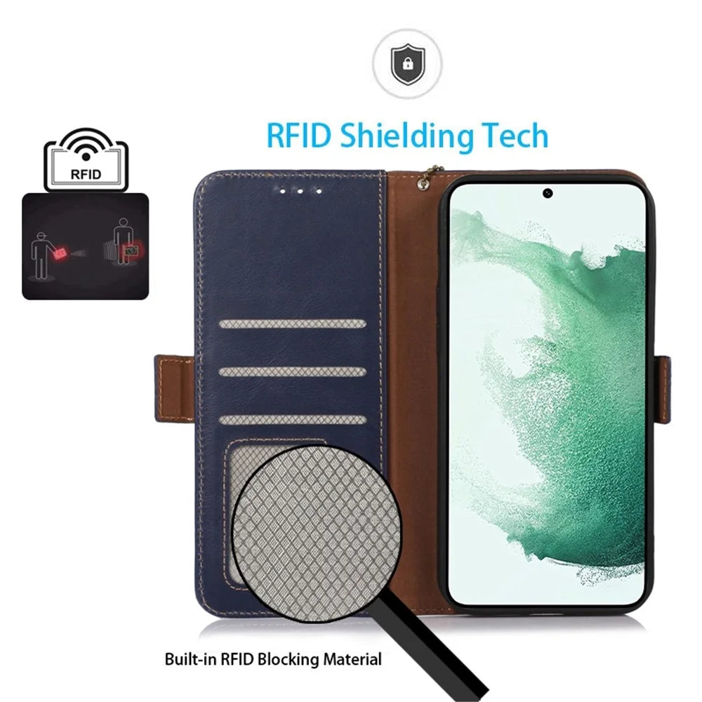For Samsung Galaxy A54 5G RFID Blocking Genuine Cowhide Leather Case Crazy Horse Texture Wallet Stand Magnetic Phone Cover - Blue - 4