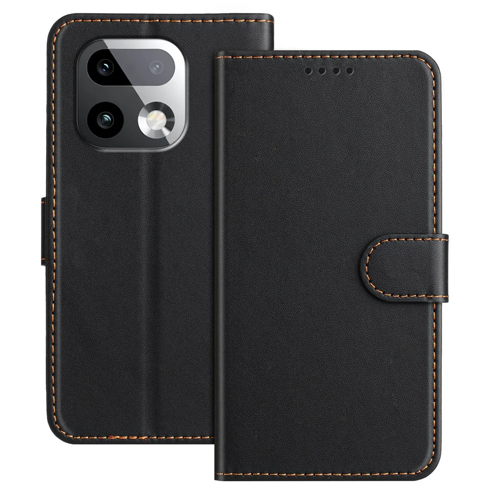 For Realme 16 Pro+ 5G Leather Case Wallet Stand Solid Color Anti Drop Phone Cover - Black - 1