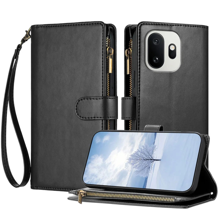 For OnePlus 15T 5G Leather Case Zipper Wallet Stand Shockproof Phone Cover with Wrist Strap - Black - 1