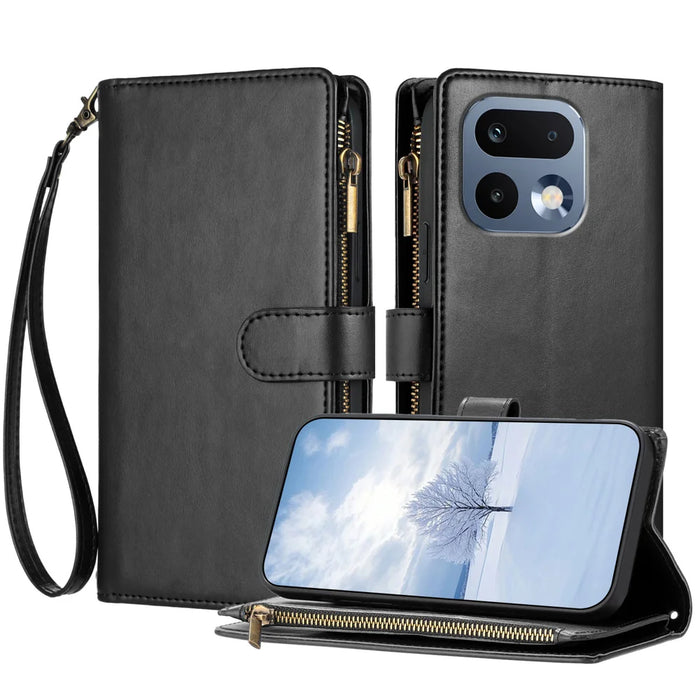 For Realme 16 Pro 5G Leather Case Zipper Wallet Stand Shockproof Phone Cover with Wrist Strap - Black - 1