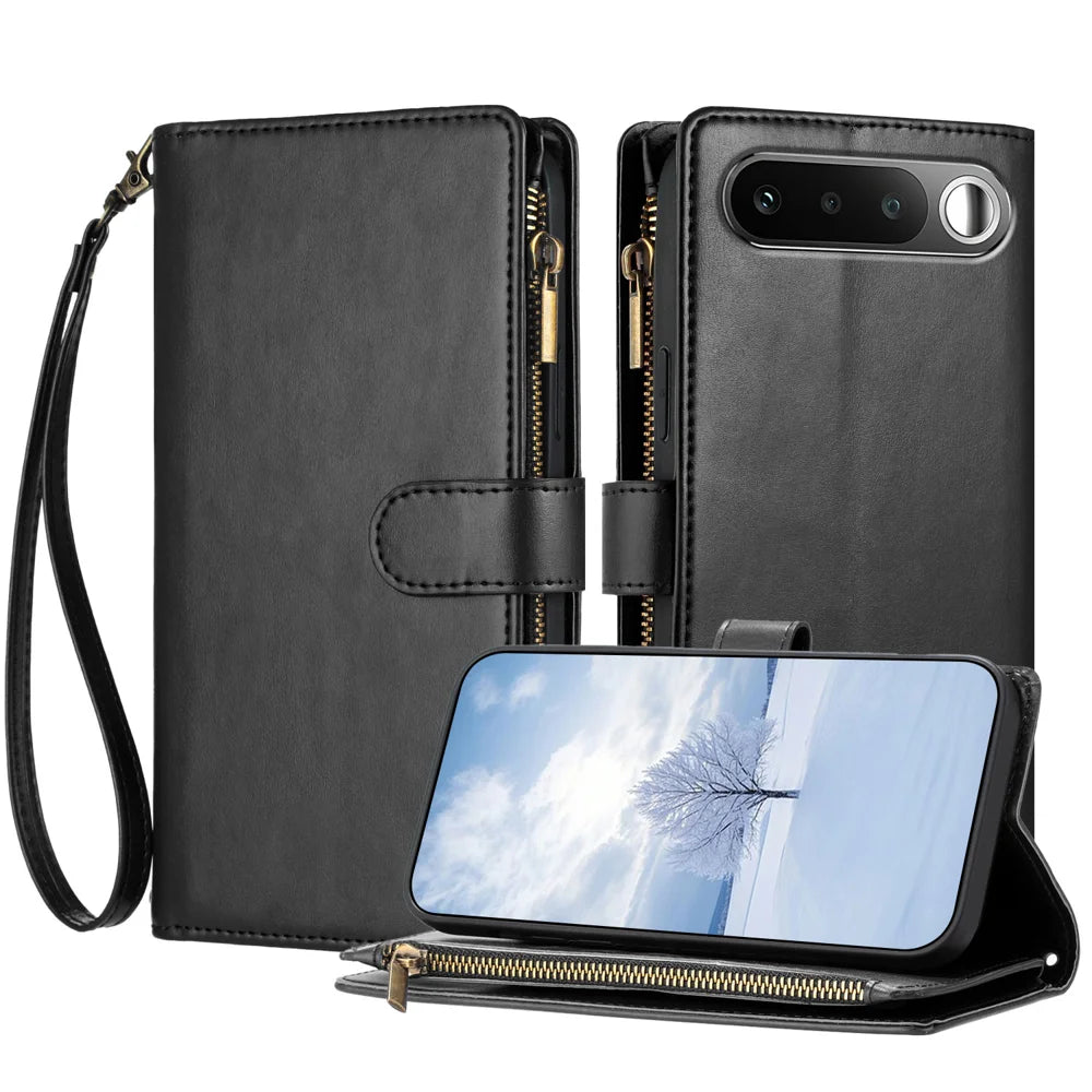 For Realme 16 5G Leather Case Zipper Wallet Stand Shockproof Phone Cover with Wrist Strap - Black - 1