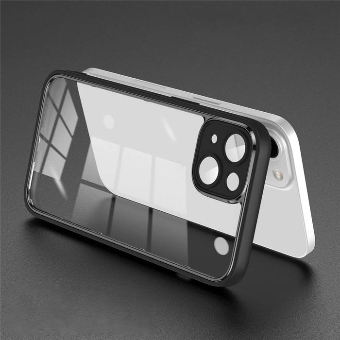 For iPhone 14 Plus Fall Proof Back Protector Cover Electroplating PC+TPU Phone Case with Lens Film - Black - 1