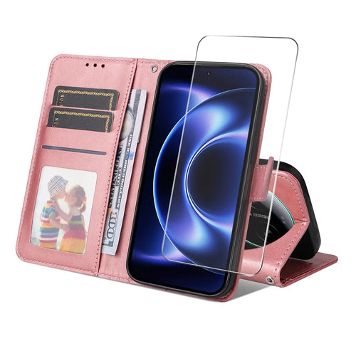 ENKAY HAT PRINCE For Xiaomi 17 Ultra 5G Wallet Case Leather Phone Stand Cover with 0.18mm Screen Protector, Ultrasonic Fingerprint Unlock - Pink - 1