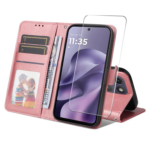 ENKAY HAT PRINCE For Motorola Moto G17 Power 4G / G17 4G / G15 4G / G15 Power 4G PU Leather Wallet Case Phone Stand Cover with 9H Tempered Glass - Pink - 1