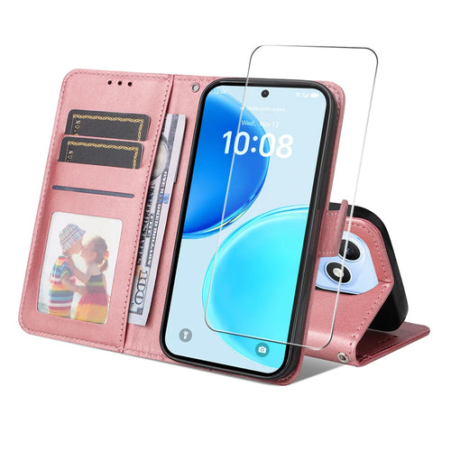 ENKAY HAT PRINCE For Honor X8d 4G PU Leather Wallet Case Phone Stand Cover with 9H Tempered Glass - Pink - 1