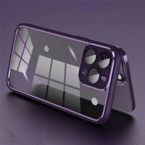 For iPhone 14 Pro Anti-fingerprint Back Protector Cover Electroplating PC+TPU Phone Case with Lens Film - Purple - 1