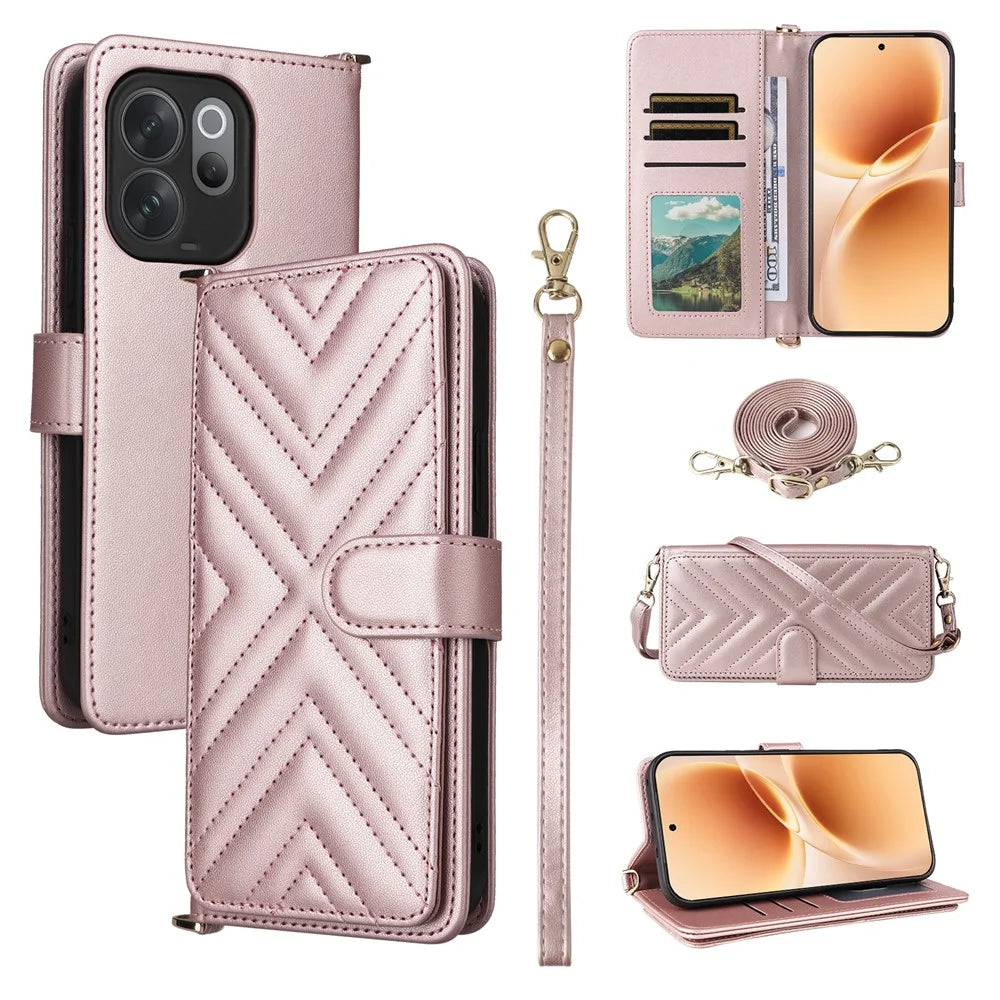 For vivo V70 5G / V70 Elite 5G Leather Case Stand Wallet Phone Cover with Shoulder / Wrist Strap - Pink - 1