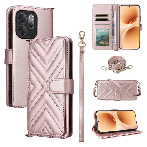 For vivo V70 5G / V70 Elite 5G Leather Case Stand Wallet Phone Cover with Shoulder / Wrist Strap - Pink - 1