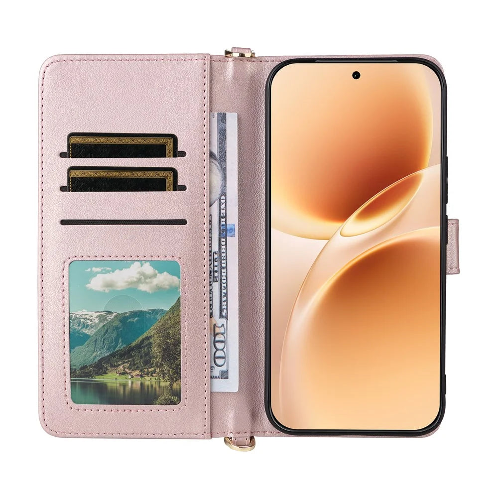 For vivo V70 5G / V70 Elite 5G Leather Case Stand Wallet Phone Cover with Shoulder / Wrist Strap - Pink - 3