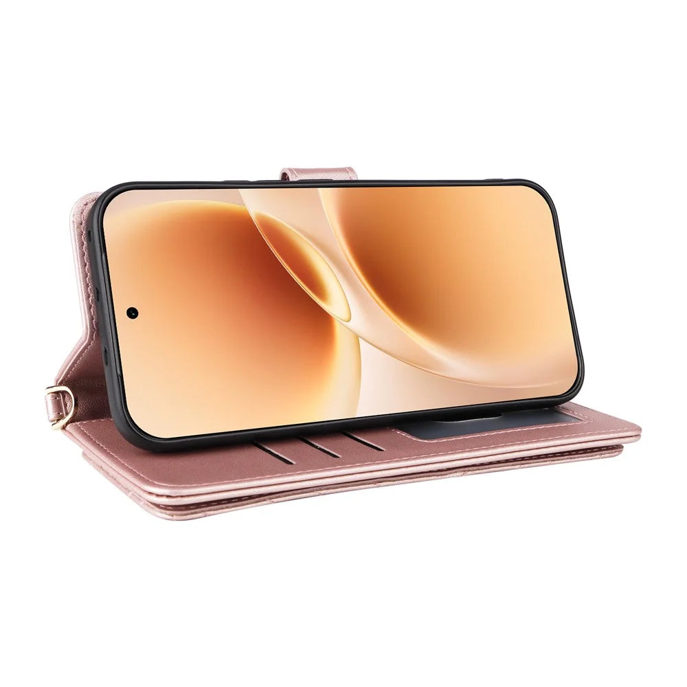 For vivo V70 5G / V70 Elite 5G Leather Case Stand Wallet Phone Cover with Shoulder / Wrist Strap - Pink - 5