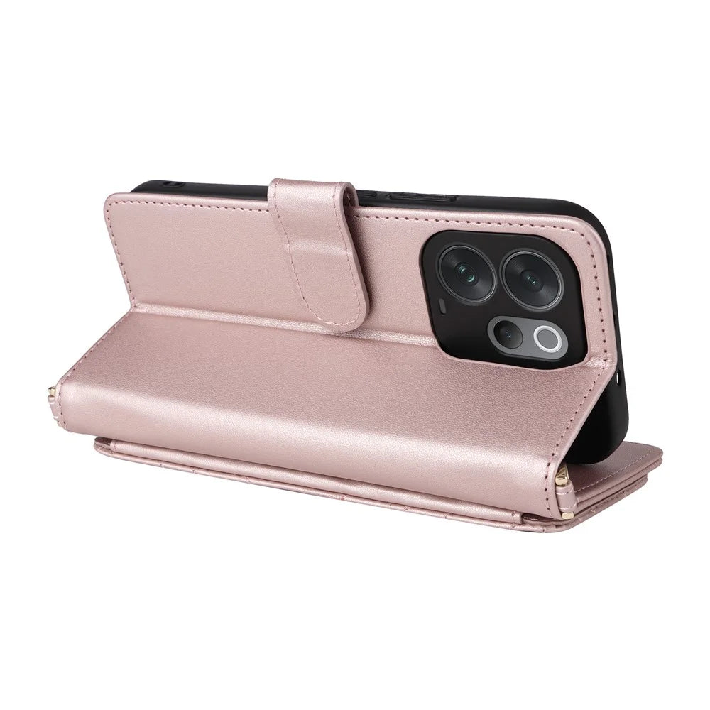 For vivo V70 5G / V70 Elite 5G Leather Case Stand Wallet Phone Cover with Shoulder / Wrist Strap - Pink - 6