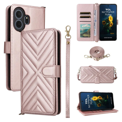 For TCL NxtPaper 70 Pro 5G Leather Case Stand Wallet Phone Cover with Shoulder / Wrist Strap - Pink - 1