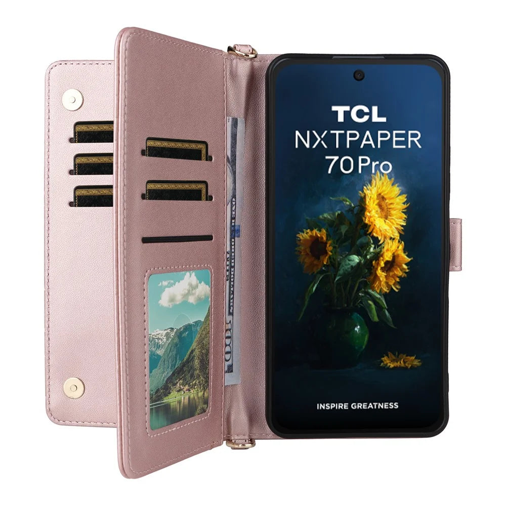 For TCL NxtPaper 70 Pro 5G Leather Case Stand Wallet Phone Cover with Shoulder / Wrist Strap - Pink - 2