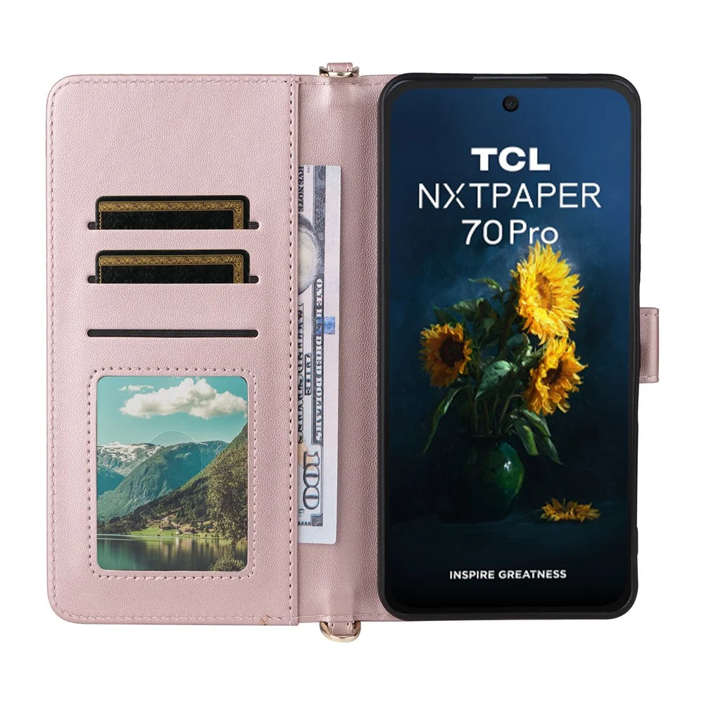 For TCL NxtPaper 70 Pro 5G Leather Case Stand Wallet Phone Cover with Shoulder / Wrist Strap - Pink - 3